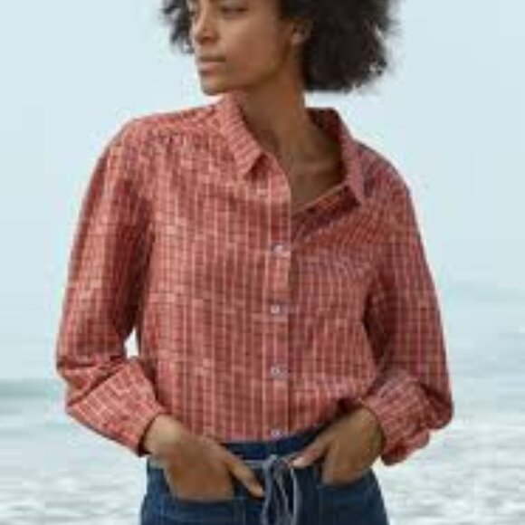 NWOT Poetry Checked Blouse in linen & cotton in  Coral Red - Picture 1 of 10